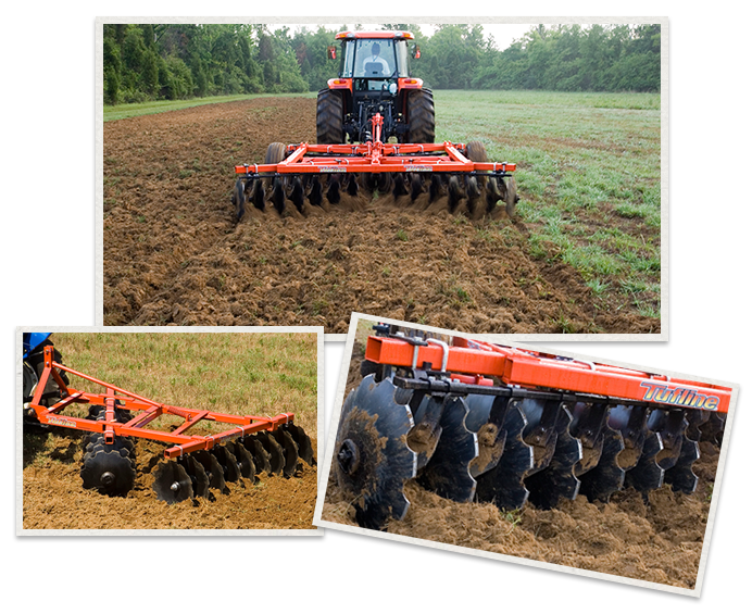 three separate images of Monroe Tufline Offset Disc Wheel Harrows being used